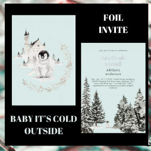 Invitation En Aluminium Seafoam Penquin Baby Il fait froid dehors Argent