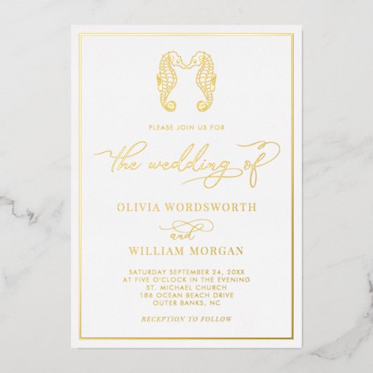 Invitation En Aluminium Seahorse Coastal Beach Élégant Mariage Script (Recto)