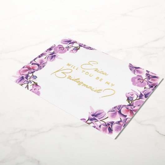Invitation En Aluminium Seras-tu ma demoiselle d'honneur ? orchidée violet (Rotation)