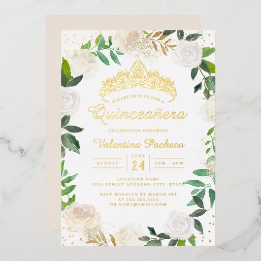 Invitation En Aluminium Serre Florale d'or Tiara Quinceanera (Recto/Verso)