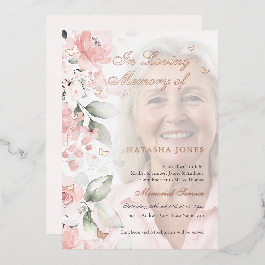 Invitation En Aluminium Service commémoratif de papillon floral rose (Recto/Verso)