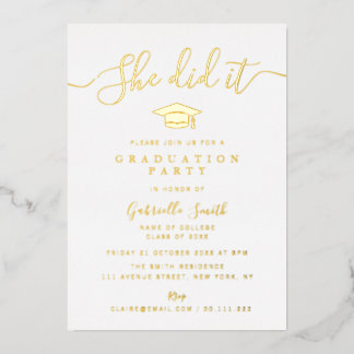 Invitation En Aluminium SHE DID IT! Gold Script Graduation Party