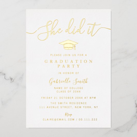 Invitation En Aluminium SHE DID IT! Gold Script Graduation Party (Recto)