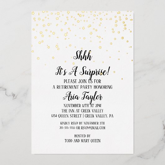 Invitation En Aluminium Shhh C'est une surprise Confetti or retraite (Recto)