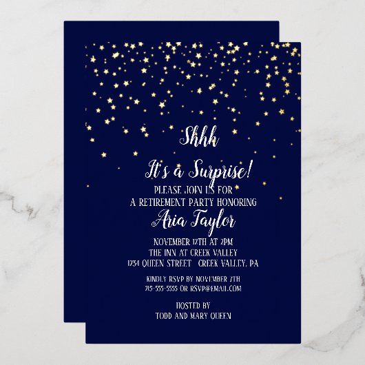 Invitation En Aluminium Shhh C'est une surprise Confetti sur Marine Blue G (Recto/Verso)