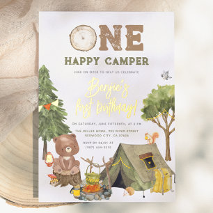 Invitation En Aluminium Shiny One Happy Camper Ours en Bois Garçon 1er Ann