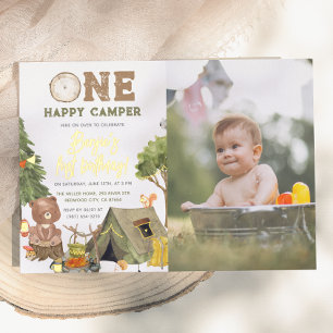 Invitation En Aluminium Shiny One Happy Camper Ours Photo Garçon 1er Anniv