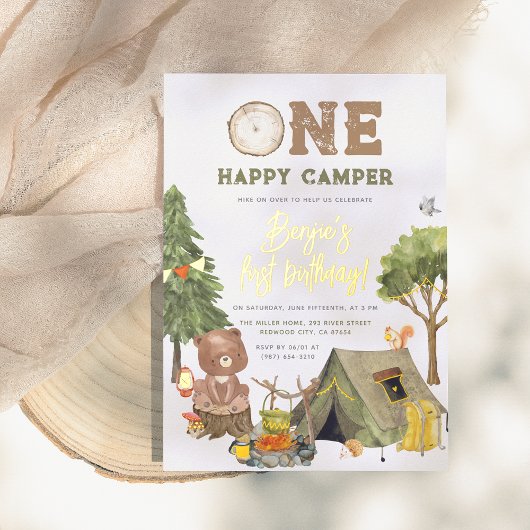 Invitation En Aluminium Shiny One Happy Camper Wood Bear Boy 1er anniversa