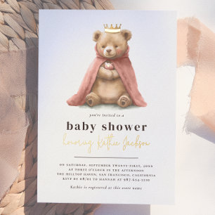 Invitation En Aluminium Shiny Royal Teddy Bear Princess Baby shower fille