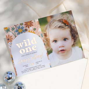 Invitation En Aluminium Shiny Wild One Retro Photo 1ère fête d'anniversair