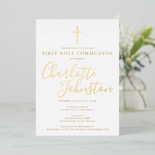 Invitation En Aluminium Signature Script Gold First Holy Communion (Debout devant)