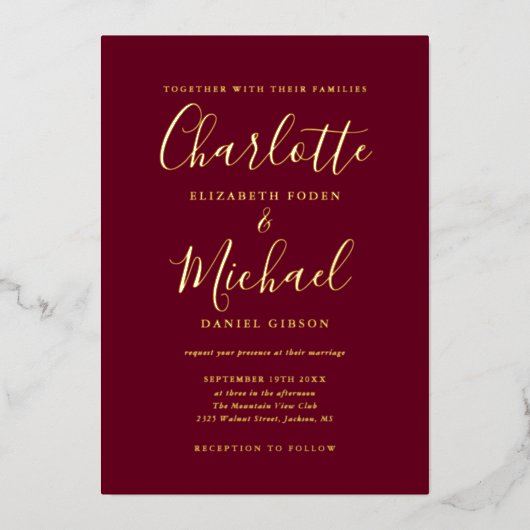 Invitation En Aluminium Signature Script Mariage Bourgogne Et Or (Recto)