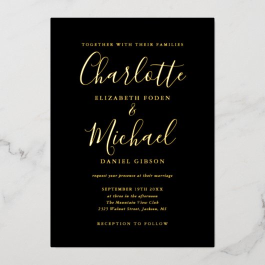 Invitation En Aluminium Signature Script Mariage Noir Et Or (Recto)