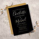 Invitation En Aluminium Signature Script Mariage Noir Et Or<br><div class="desc">Doté de véritables feuilles d'or et de noms de style signature,  cette élégante invitation de mariage peut être personnalisée avec vos informations en lettres chic. Conçu par Thisisnotme©</div>