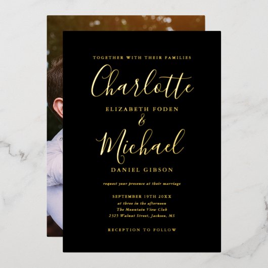 Invitation En Aluminium Signature Script Mariage noir et or photo (Recto/Verso)
