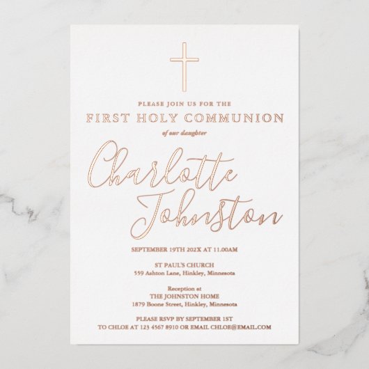 Invitation En Aluminium Signature Script Rose Gold First Holy Communion (Recto)
