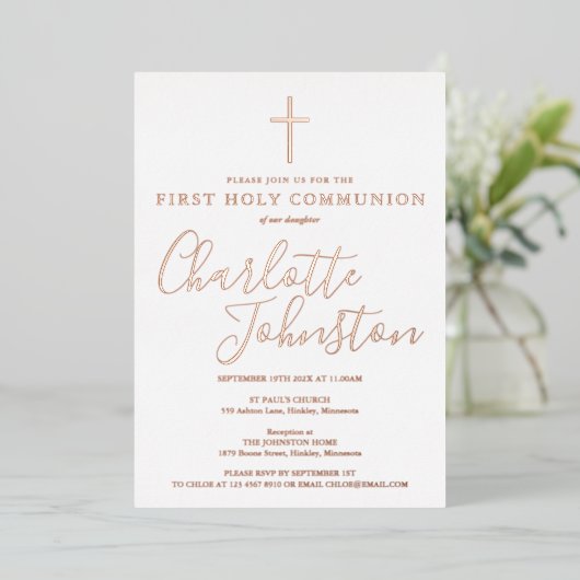 Invitation En Aluminium Signature Script Rose Gold First Holy Communion (Debout devant)