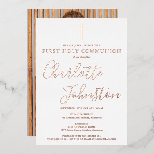 Invitation En Aluminium Signature Script Rose Gold Photo Holy Communion (Recto/Verso)