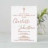 Invitation En Aluminium Signature Script Rose Gold Photo Holy Communion (Debout devant)