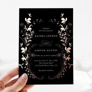 Invitation En Aluminium Silhouette de fleurs sauvages mariage noir or rose