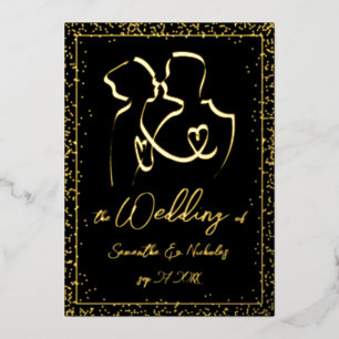 Invitation En Aluminium Silhouette des amoureux en Mariage noir et or