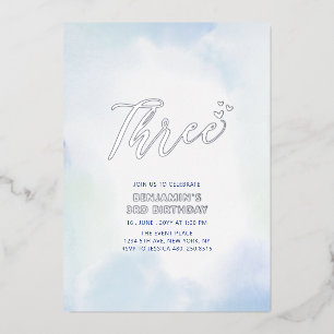Invitation En Aluminium Silver & Blue Heart Trois 3e fête d'anniversaire d