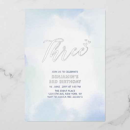 Invitation En Aluminium Silver & Blue Heart Trois 3e fête d'anniversaire d (Recto)