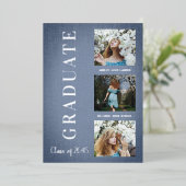 Invitation En Aluminium Silver Blue Modern 3 Photos Graduation Texture (Debout devant)