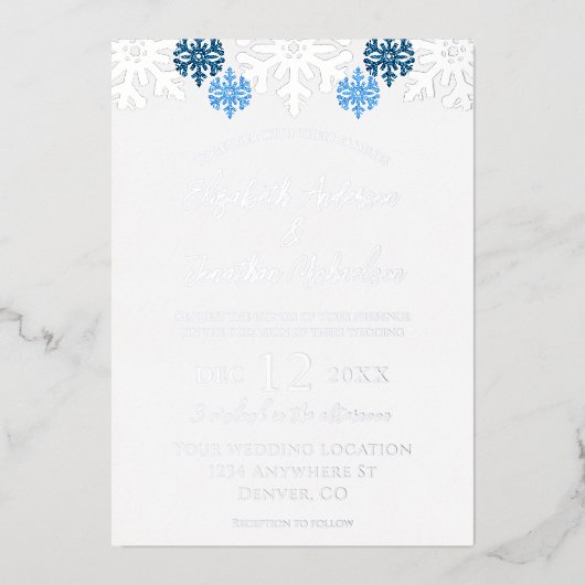 Invitation En Aluminium Silver Blue Snowflakes Mariage d'hiver (Recto)