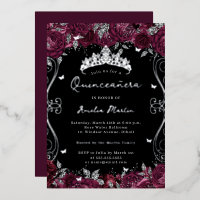 Silver Burgundy Swirl Scroll Floral Quinceanera