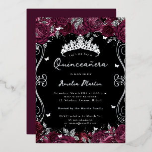 Invitation En Aluminium Silver Burgundy Swirl Scroll Floral Quinceanera