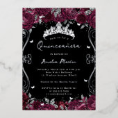 Invitation En Aluminium Silver Burgundy Swirl Scroll Floral Quinceanera (Recto)