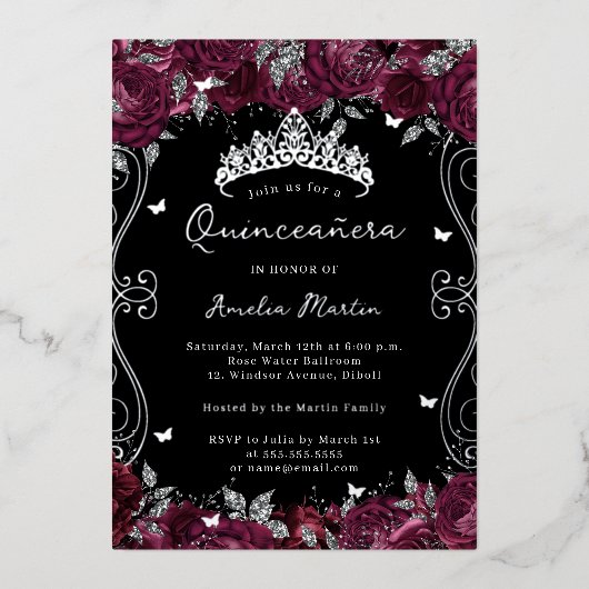Invitation En Aluminium Silver Burgundy Swirl Scroll Floral Quinceanera (Recto)