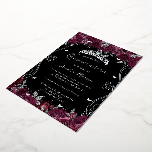 Invitation En Aluminium Silver Burgundy Swirl Scroll Floral Quinceanera (Rotation)
