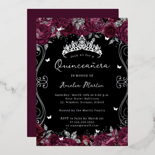 Invitation En Aluminium Silver Burgundy Swirl Scroll Floral Quinceanera (Recto/Verso)