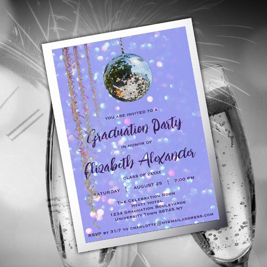Invitation En Aluminium Silver Disco Ball et Streamers Graduation Party