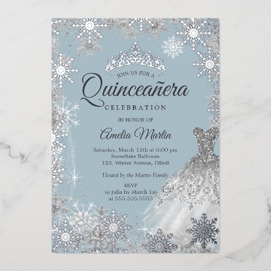 Invitation En Aluminium Silver Dusty Blue Winter Snowflake Quinceanera (Recto)