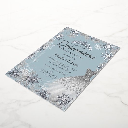 Invitation En Aluminium Silver Dusty Blue Winter Snowflake Quinceanera (Rotation)