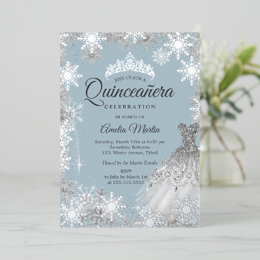 Invitation En Aluminium Silver Dusty Blue Winter Snowflake Quinceanera (Debout devant)