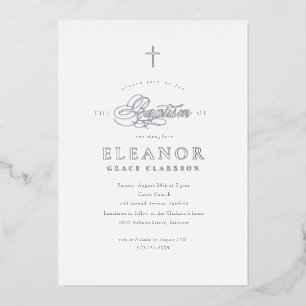 Invitation En Aluminium Silver Elegant Gold Cross Calligraphie Baptême