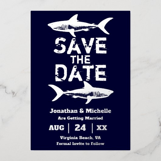 Invitation En Aluminium Silver Foil Shark Beach Enregistrer la date (Recto)