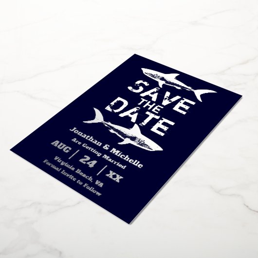 Invitation En Aluminium Silver Foil Shark Beach Enregistrer la date (Rotation)
