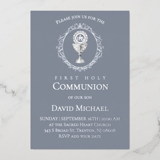 Invitation En Aluminium Silver foil text First Holy Communion boy (Recto)