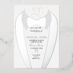 Invitation En Aluminium Silver Foil Tuxedo Suit Mens 21e fête d'anniversai
