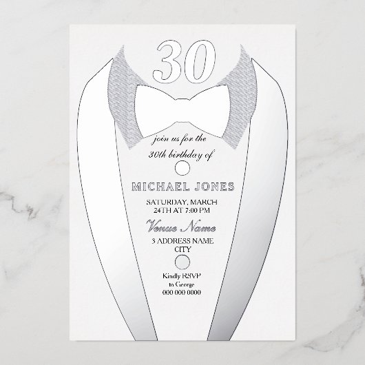 Invitation En Aluminium Silver Foil Tuxedo Suit Mens 30e fête d'anniversai (Recto)