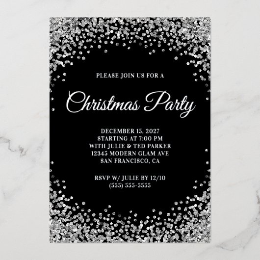 Invitation En Aluminium Silver Glitter Border Black Christmas Party (Recto)
