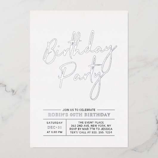 Invitation En Aluminium Silver Modern Brush Script Adult Anniversaire Part (Recto)