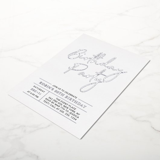 Invitation En Aluminium Silver Modern Brush Script Adult Anniversaire Part (Rotation)