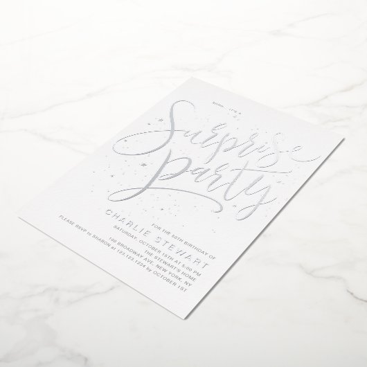 Invitation En Aluminium Silver Modern Script Simple Surprise Party (Rotation)