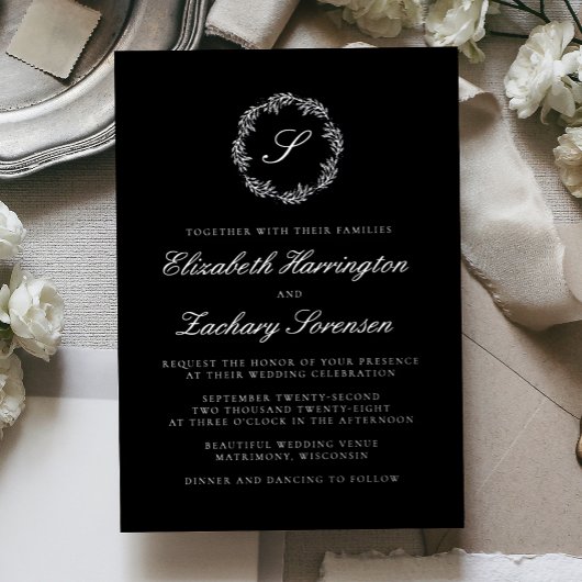 Invitation En Aluminium Silver Monogram Wreath Script Black Wedding